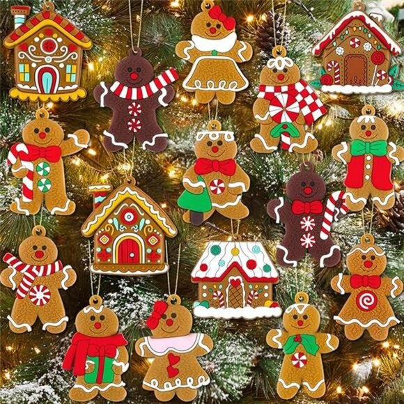Gingerbread man ornaments set with gingerbread house Christmas tree decorations - Picture 7 of 7